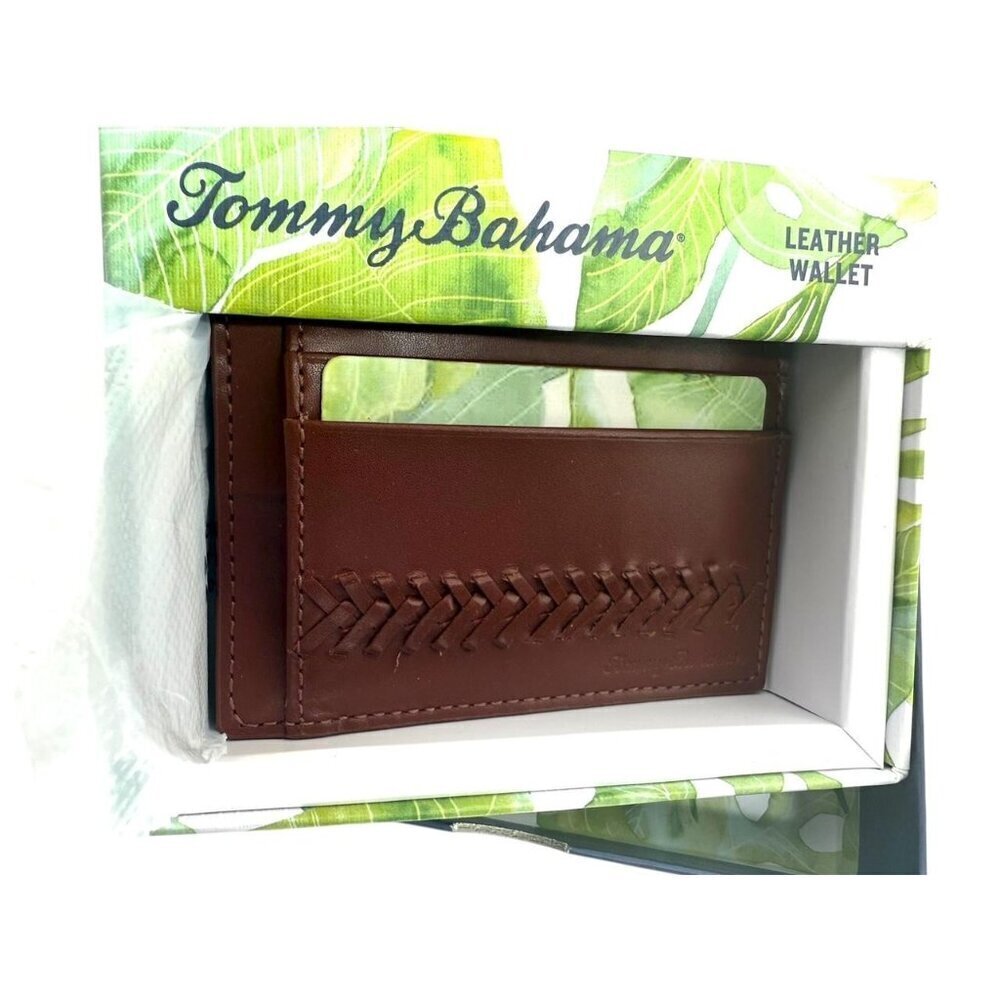 Tommy Bahama Mens Tan Leather Laced Wallet Slotted Card Wallet Gift Boxed New